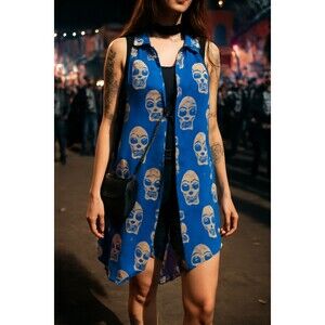 Wendy Wise Sleeveless Sheer Skull Coverup S Blue Punk Goth Grunge Halloween